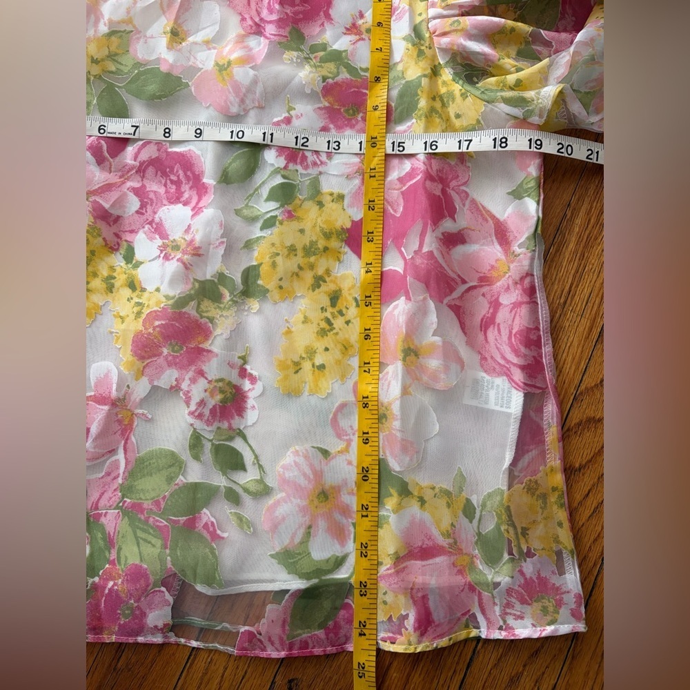 Olivaceous Sheer Floral Puff-Sleeve Blouse in Pink, Yellow & Green - Picture 7 of 7